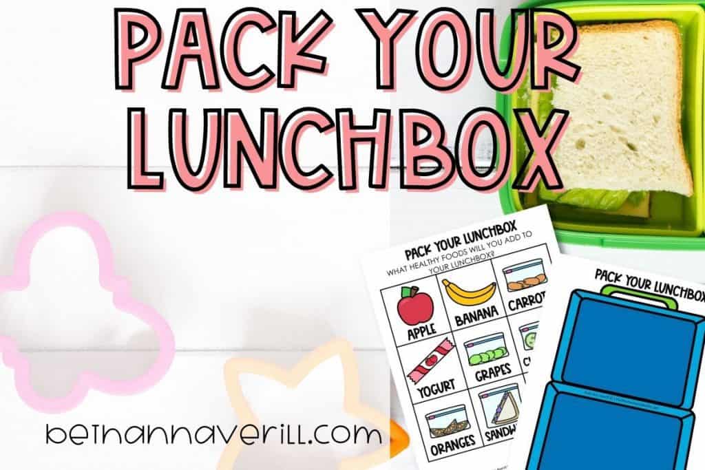Pack your lunchbox, with an image of the printables, a blue lunchbox, and nine healthy snack options to fill your lunchbox with on a printable worksheet