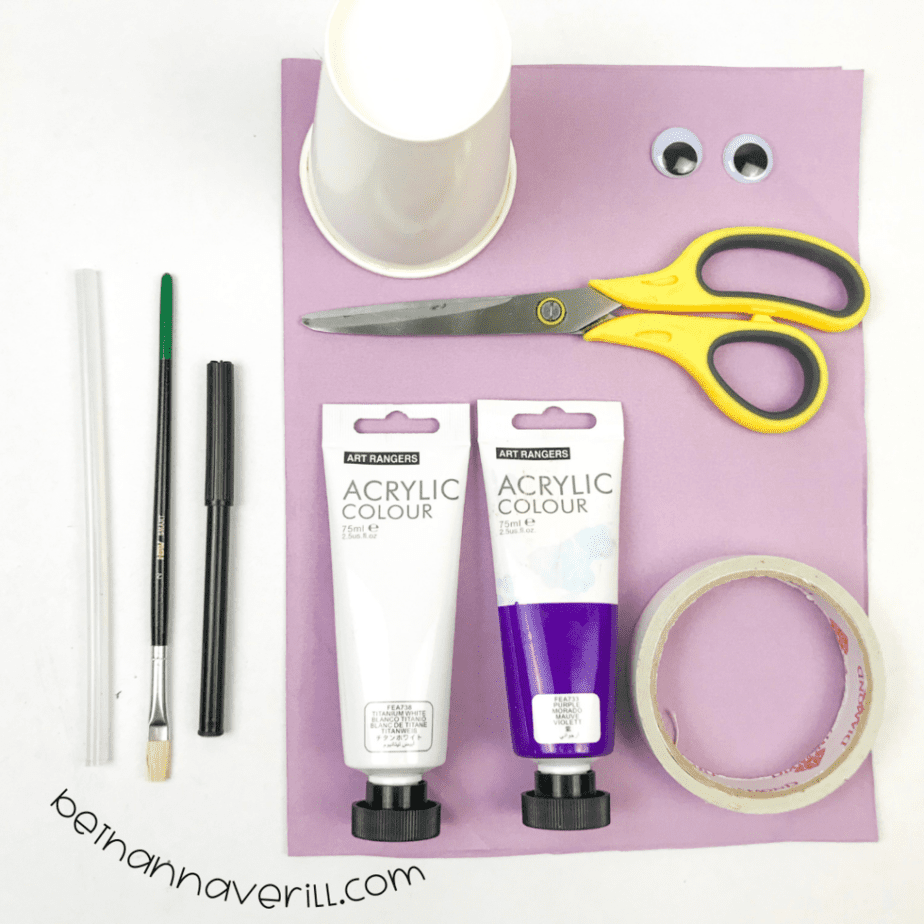 Paper cup, purple and white paint, construction paper, googly eyes and scissors