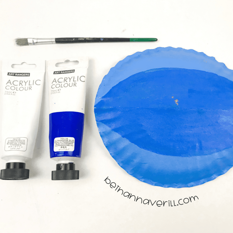 Folded paper plate painted blue and white
