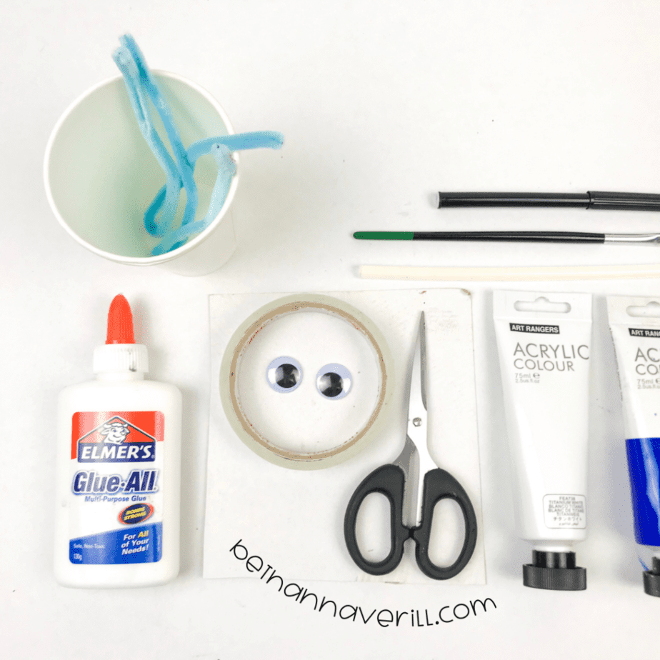 Paper cup, blue and white paint, googly eyes, glue and scissors