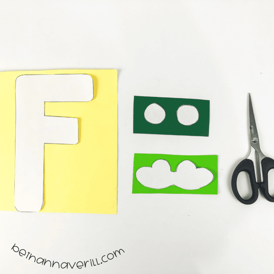 Yellow F and green frog face pieces cut out