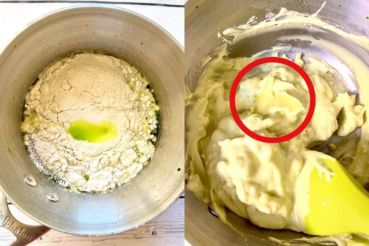 Add dry ingredients and mix until you get lumps, similar to what you see circled in the image.