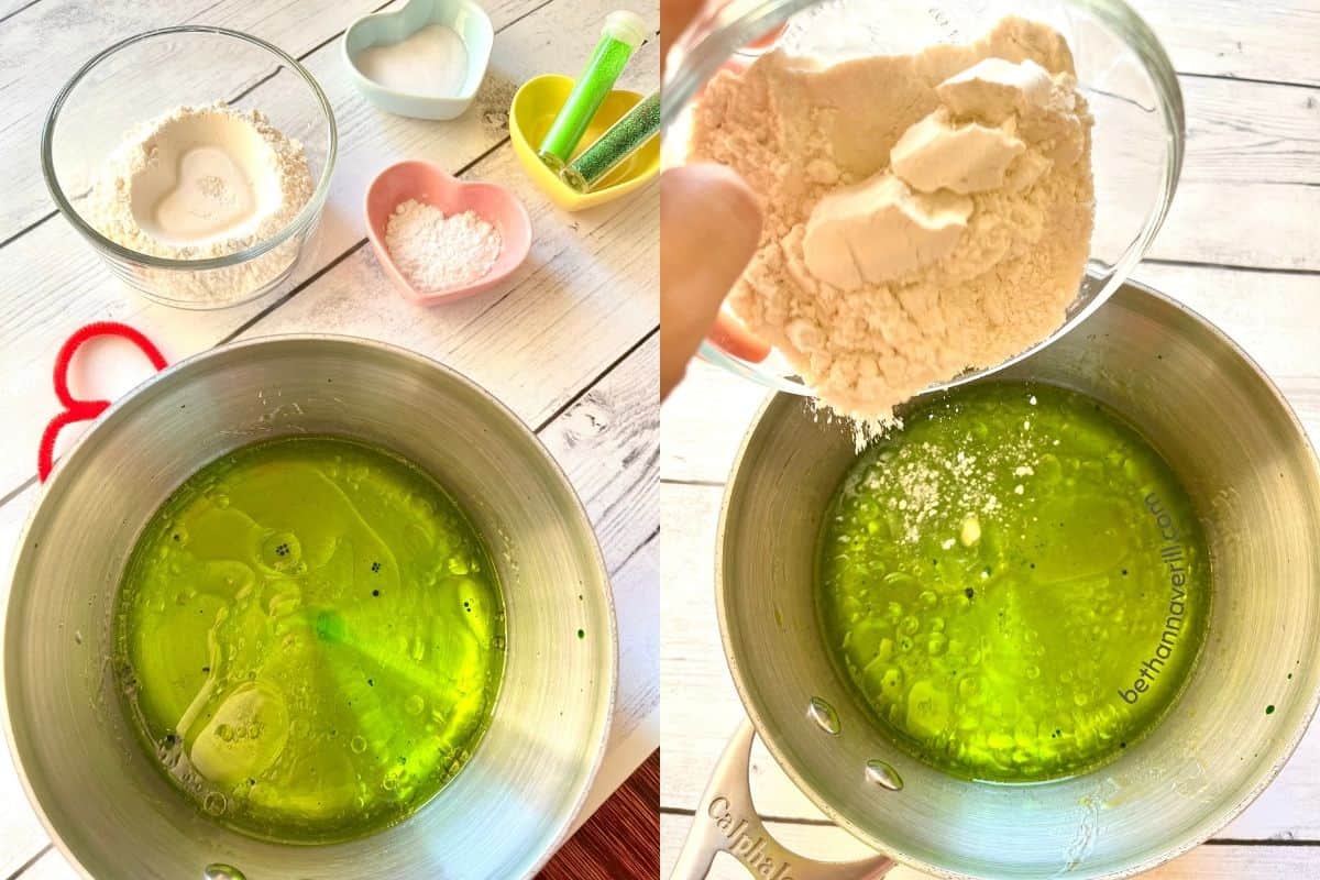 Add water, oil, and food coloring to pan. Add heat, then mix in dry ingredients.