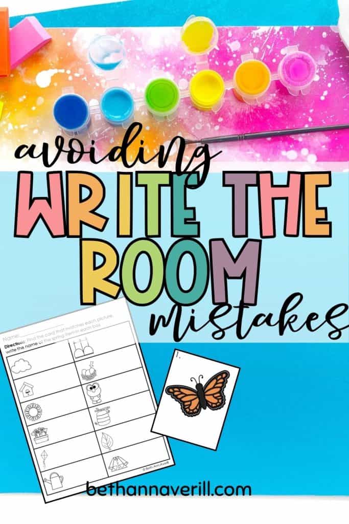 Promotional graphic for a blog post with vibrant art supplies and text overlay reading 'Avoiding WRITE THE ROOM mistakes - bethannaverill.com.' The backdrop features colorful papers, watercolor paints, and a worksheet, emphasizing creativity in educational settings.