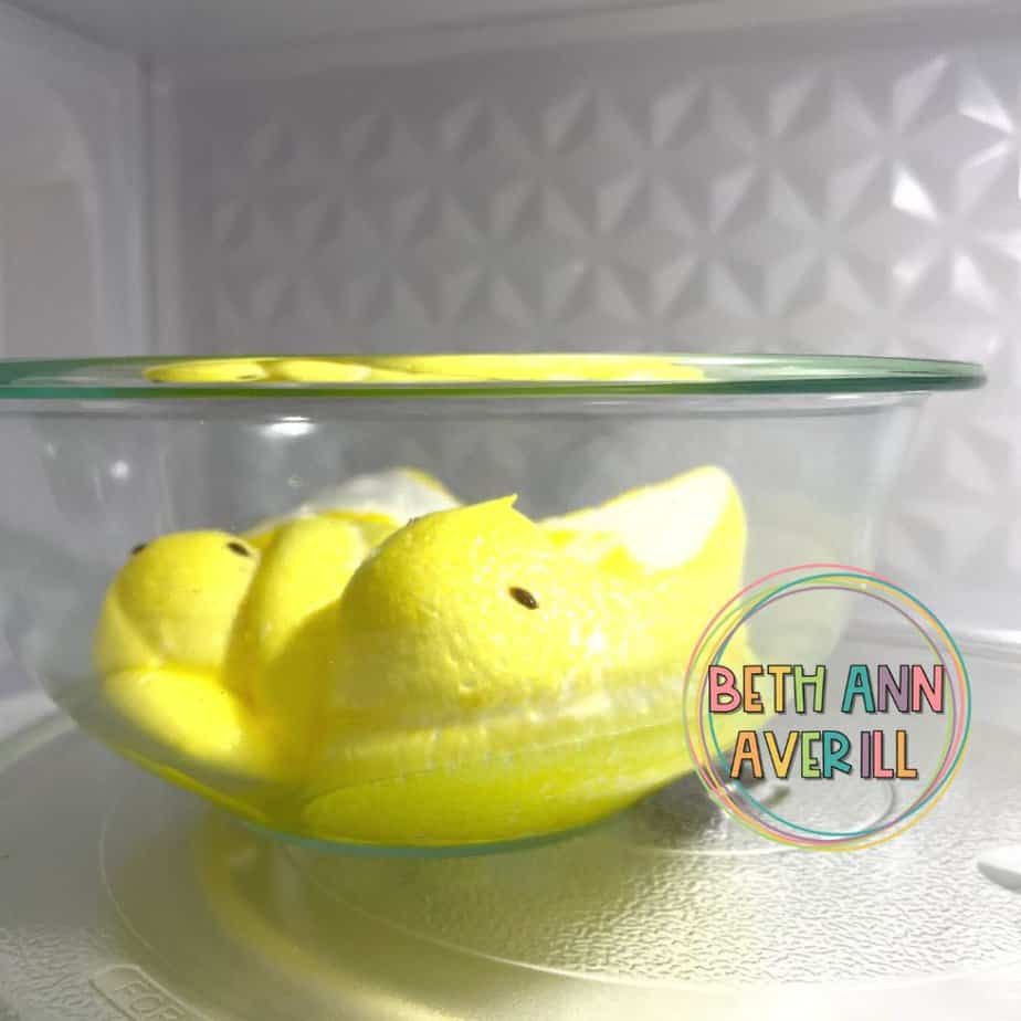 Yellow peeps, enlarged in a glass bowl in a microwave.