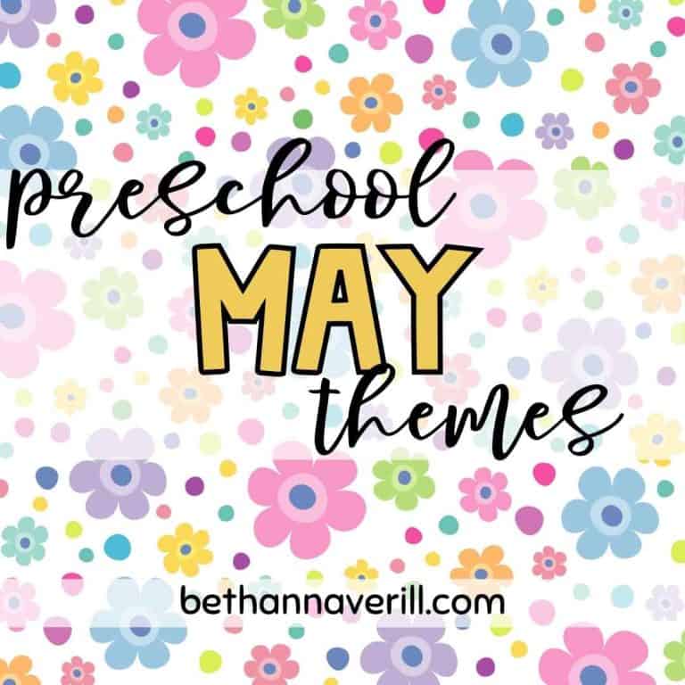 Delightful 'Preschool May Themes' banner with bold yellow lettering, surrounded by a dense pattern of colorful spring flowers. The URL 'bethannaverill.com' is also featured, hinting at a resource hub for spring-themed preschool activities for the month of May.