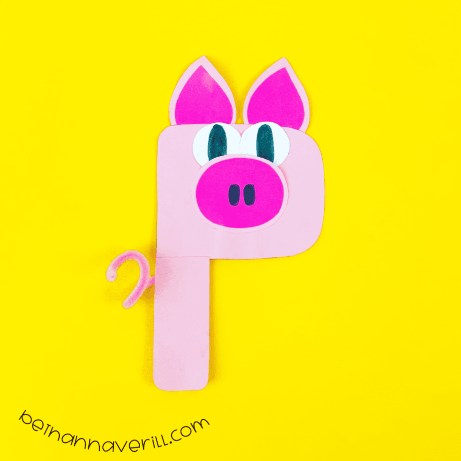 Finished letter P is for Pig craft with a curly tail