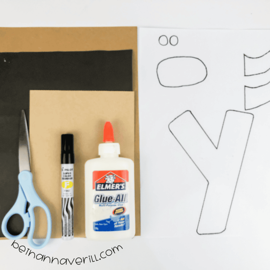 Construction paper, glue, a marker, scissors and the printable Y is for Yak template