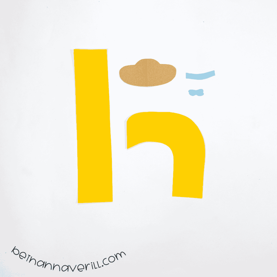 The h is for Hat shapes cut from brown, yellow and blue construction paper