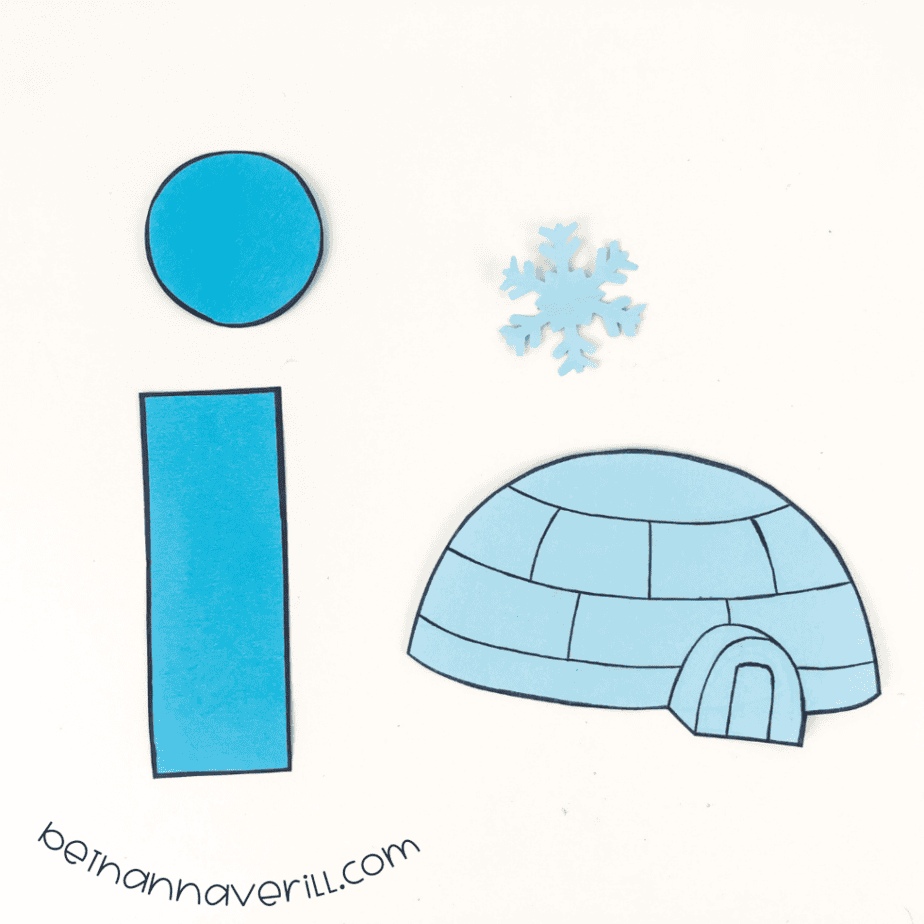 The i is for Igloo shapes cut from dark and light blue construction paper