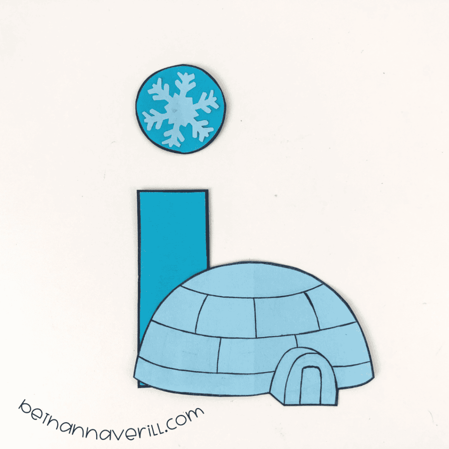 Finished lowercase i is for Igloo letter craft with a snowflake dot