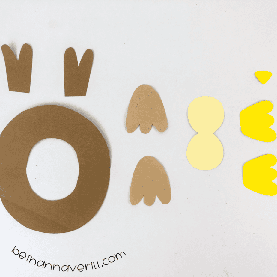 The o is for Owl shapes cut from dark brown, light brown, beige and yellow construction paper