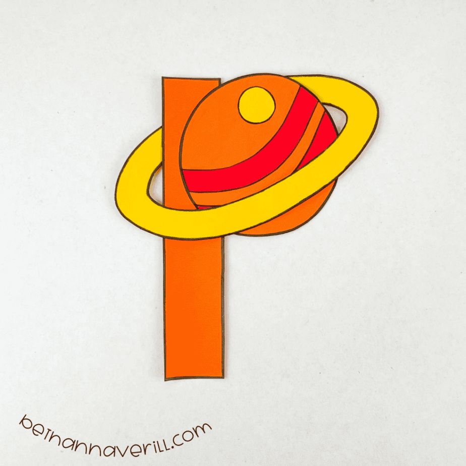 Finished lowercase p is for Planet letter craft with a yellow ring