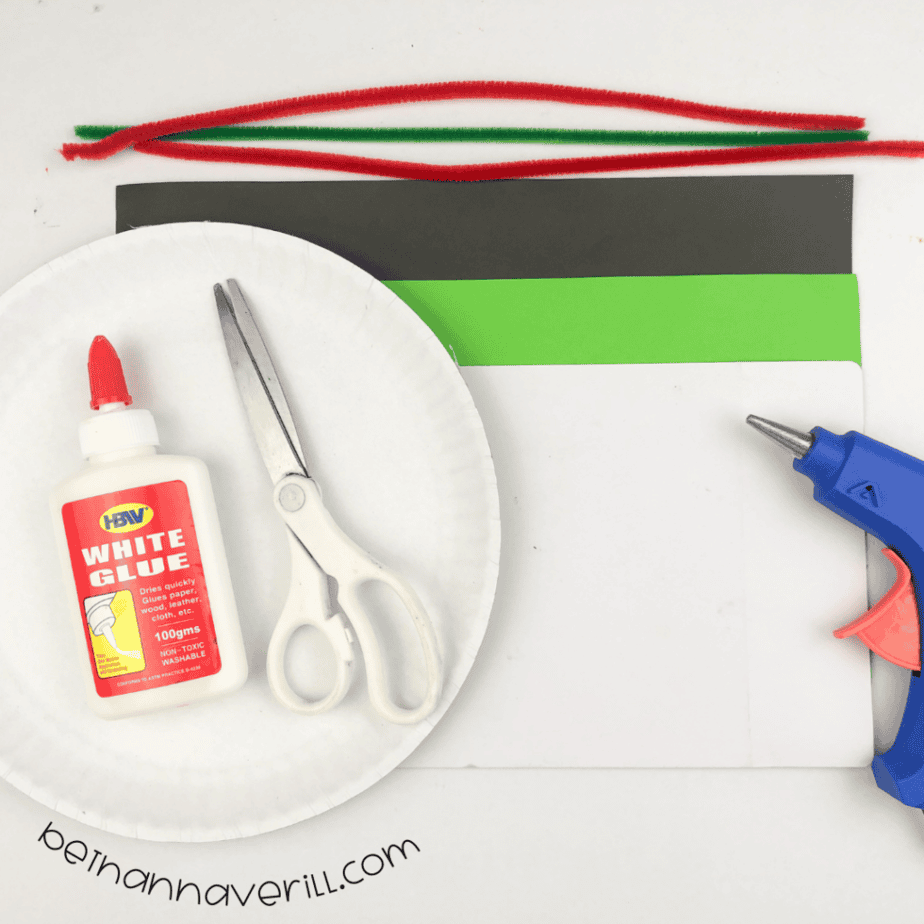 Paper plate, green and black paper, red and green fuzzy wire, glue, scissors and a glue gun