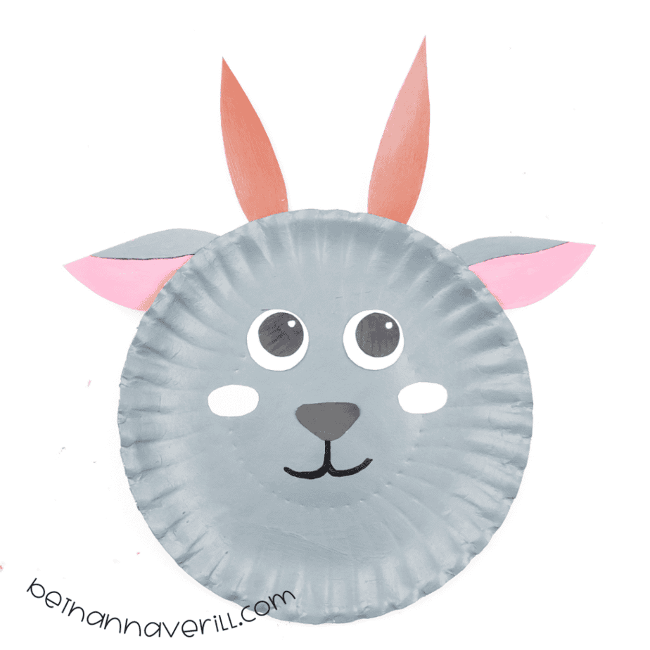 Finished paper plate goat craft with brown horns and pink ears