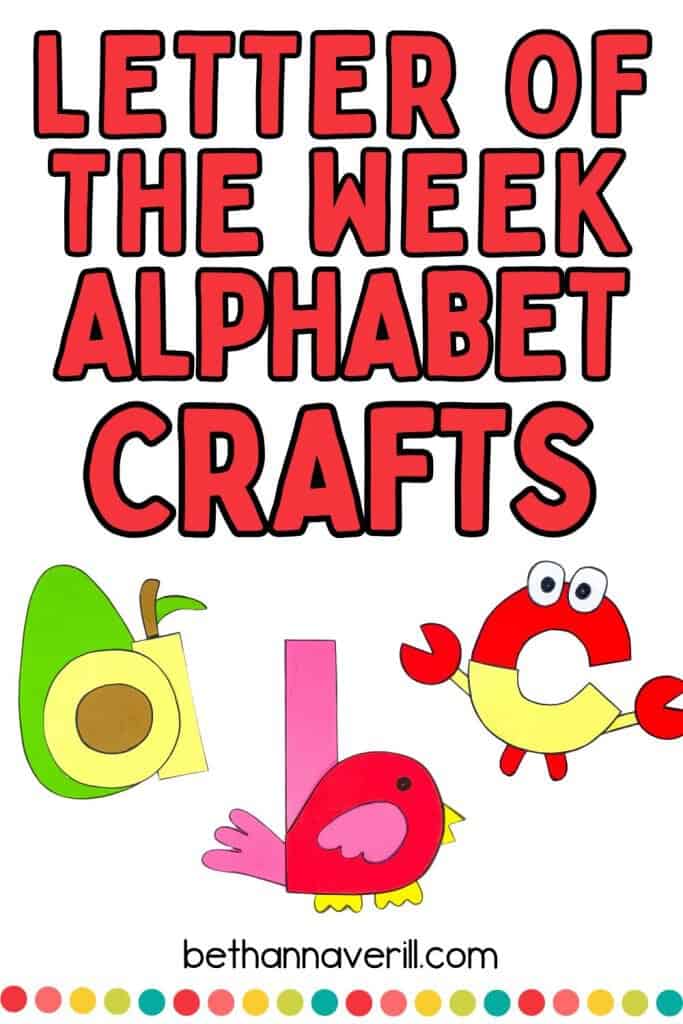 Lowercase letter of the week alphabet crafts roundup pin image. Includes an avocado shaped a, bird shaped b, and crab shaped c. 
