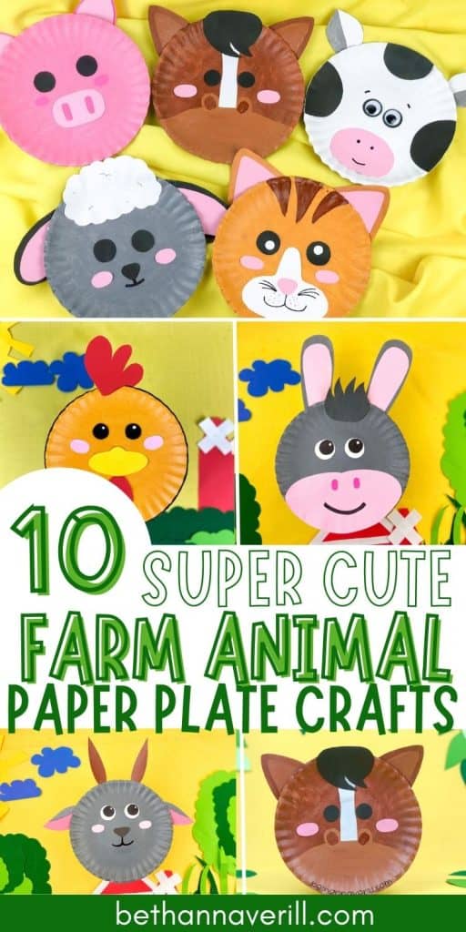 This image features colorful paper plate crafts of farm animals, including a pig, horse, cow, sheep, cat, chicken, donkey, and rabbit. The text on the image reads "10 Super Cute Farm Animal Paper Plate Crafts" with a playful design, set against a yellow background with cartoon-like scenery and props. These crafts are ideal for kids' activities or farm-themed art projects.