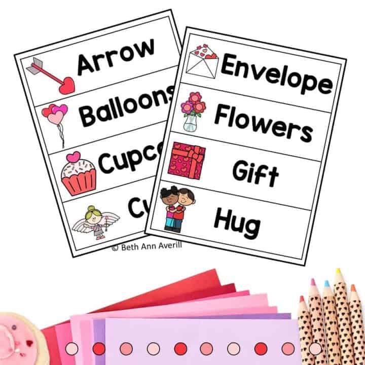 Two pages of valentine's day word wall, including words like envelope, flowers, gifts, hug, arrow, and balloons.
