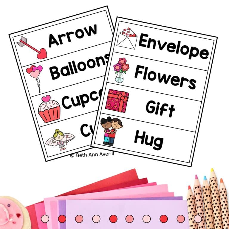 Two pages of valentine's day word wall, including words like envelope, flowers, gifts, hug, arrow, and balloons.