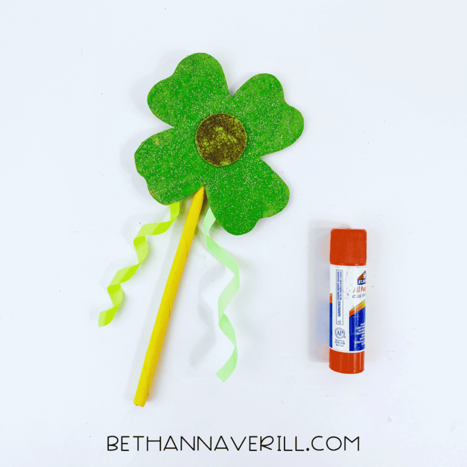 Curled ribbons glued to the shamrock wand
