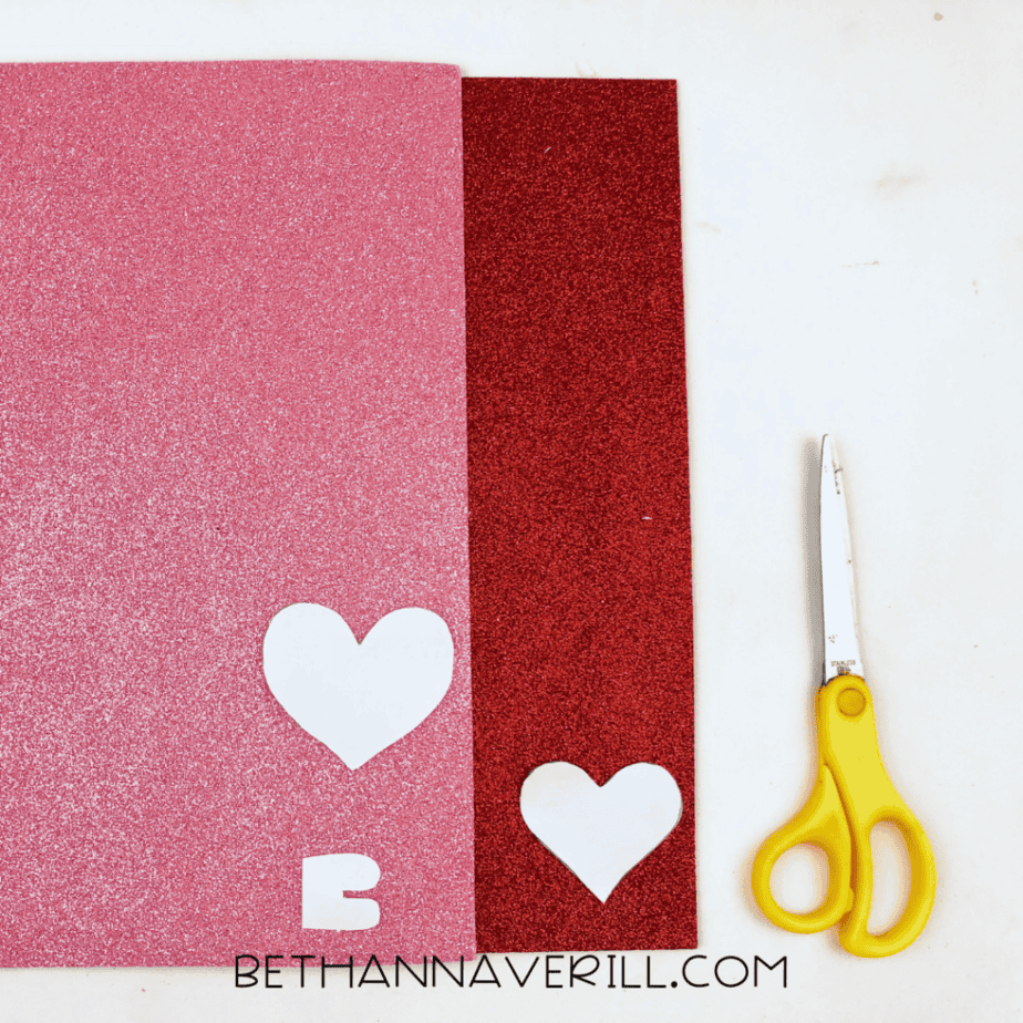 Pink paper hearts and B shape cut out