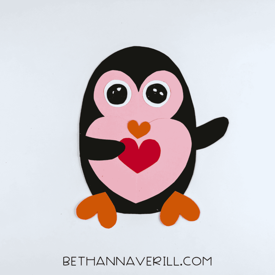 Finished Valentine’s Day heart penguin craft