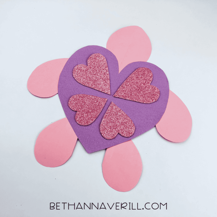 Sparkly hearts glued onto the turtle shell