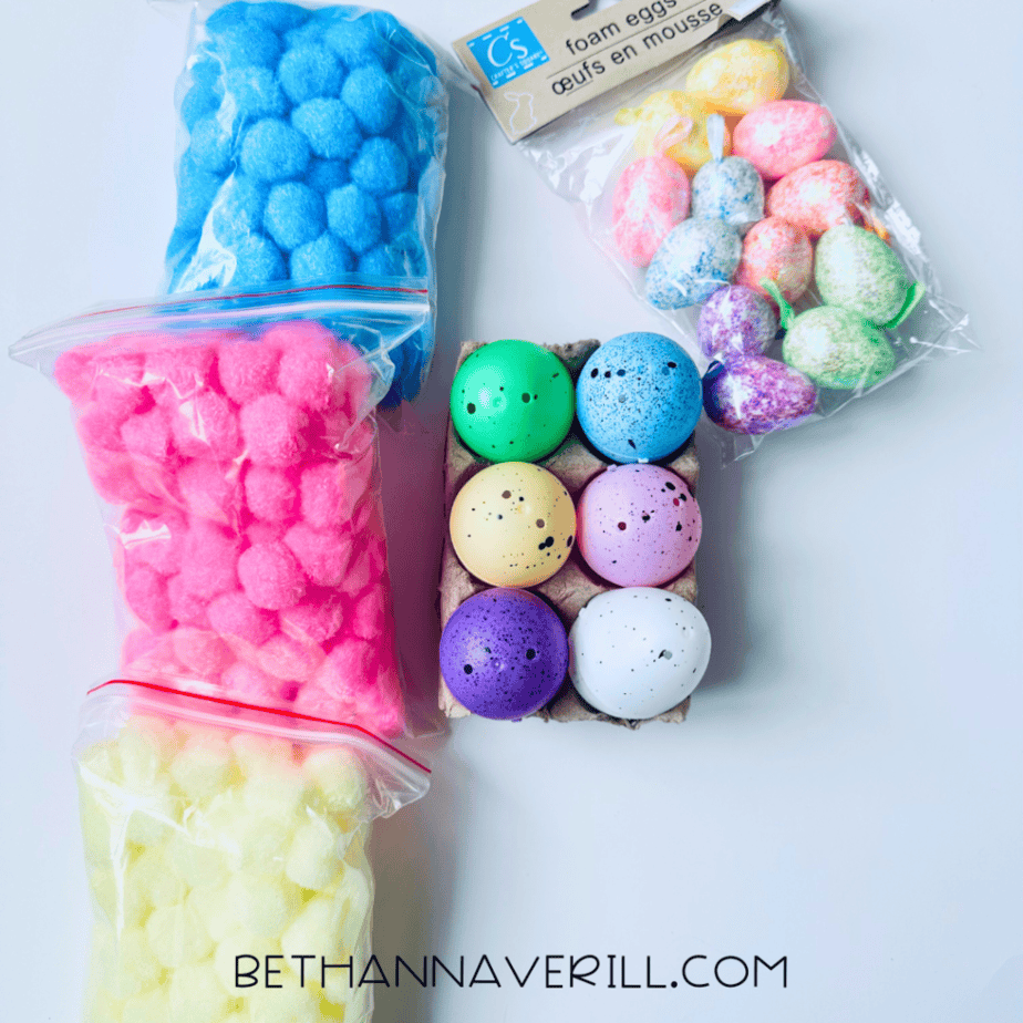 easter pompom sensory bin items