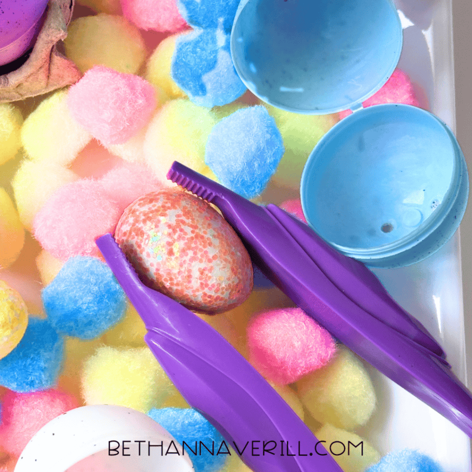 easter pompom sensory bin tools