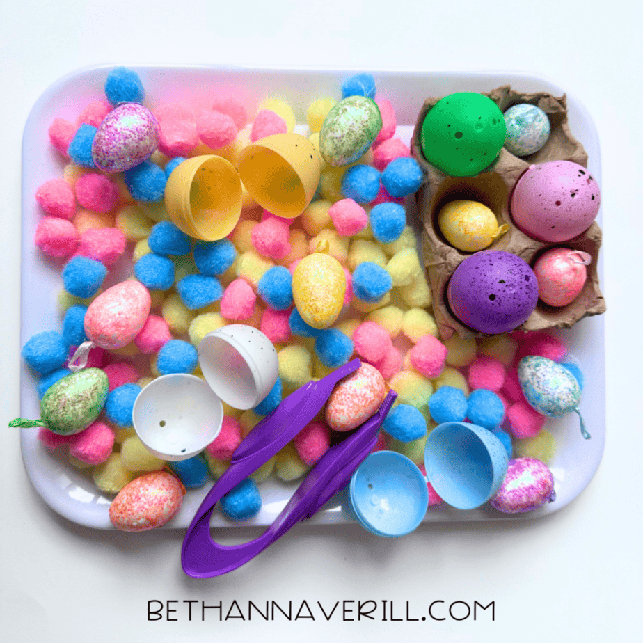 easter pompom sensory bin idea