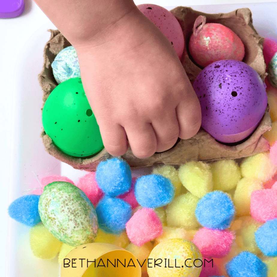 easter pompom sensory bin example