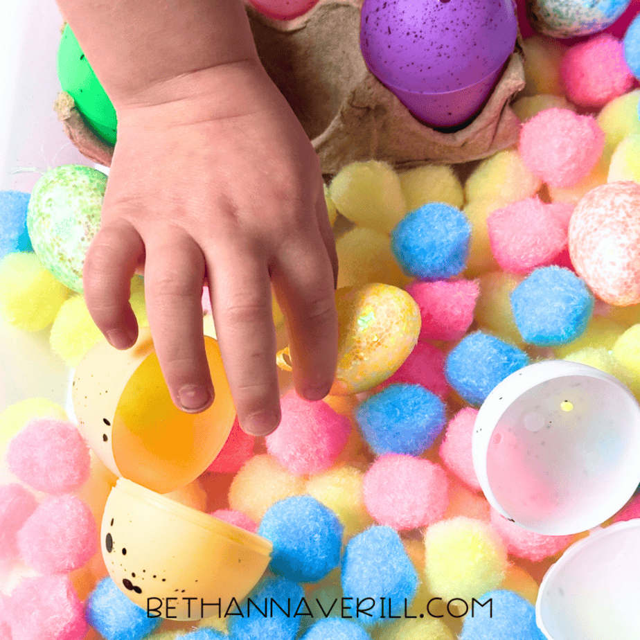easter pompom sensory bin theme