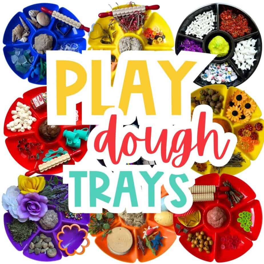 A collage of eight vibrant play dough trays, each filled with themed items like buttons, flowers, seashells, natural elements, and tools like mini rolling pins and cutters. Bold text in the center reads “PLAY dough TRAYS” in yellow, red, and teal block letters.