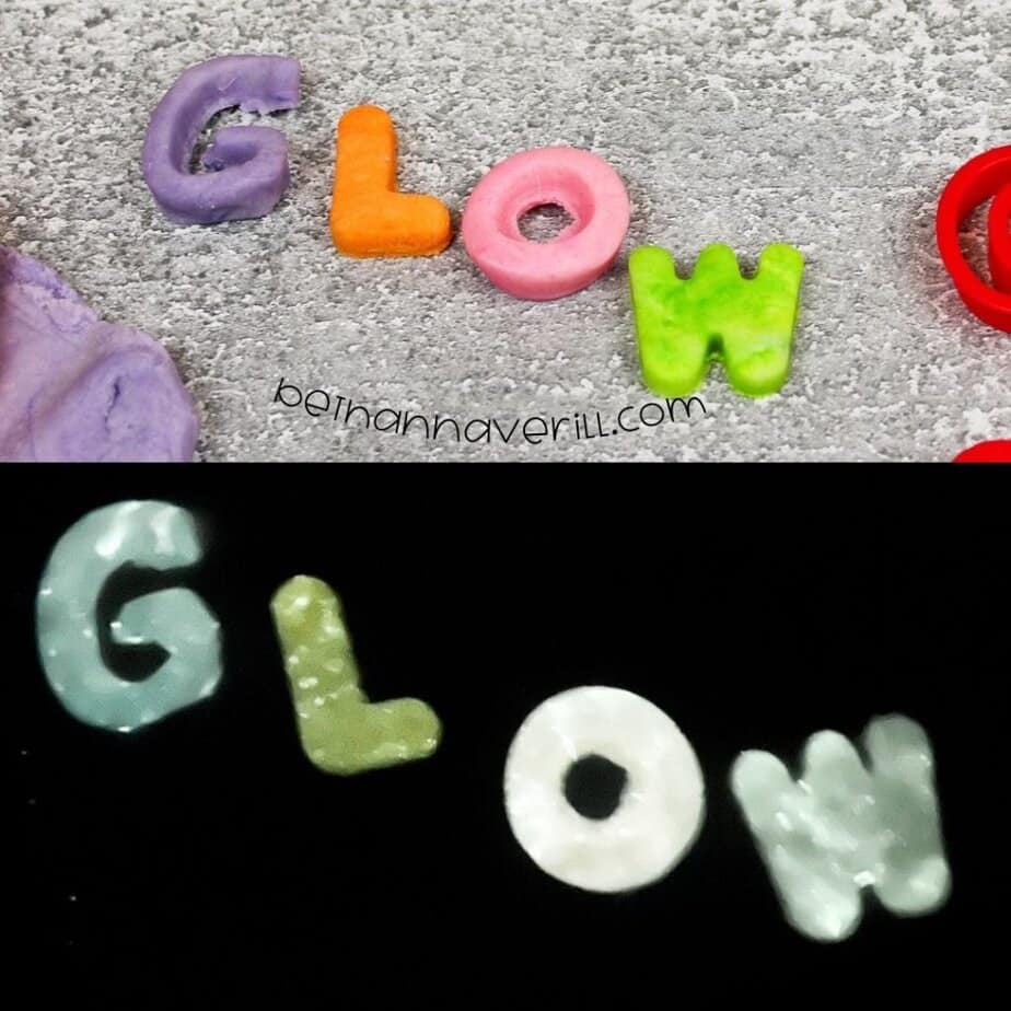 The word “GLOW” spelled out in play dough letters—purple, orange, pink, and green—shown in normal lighting above and glowing brightly in the dark below.