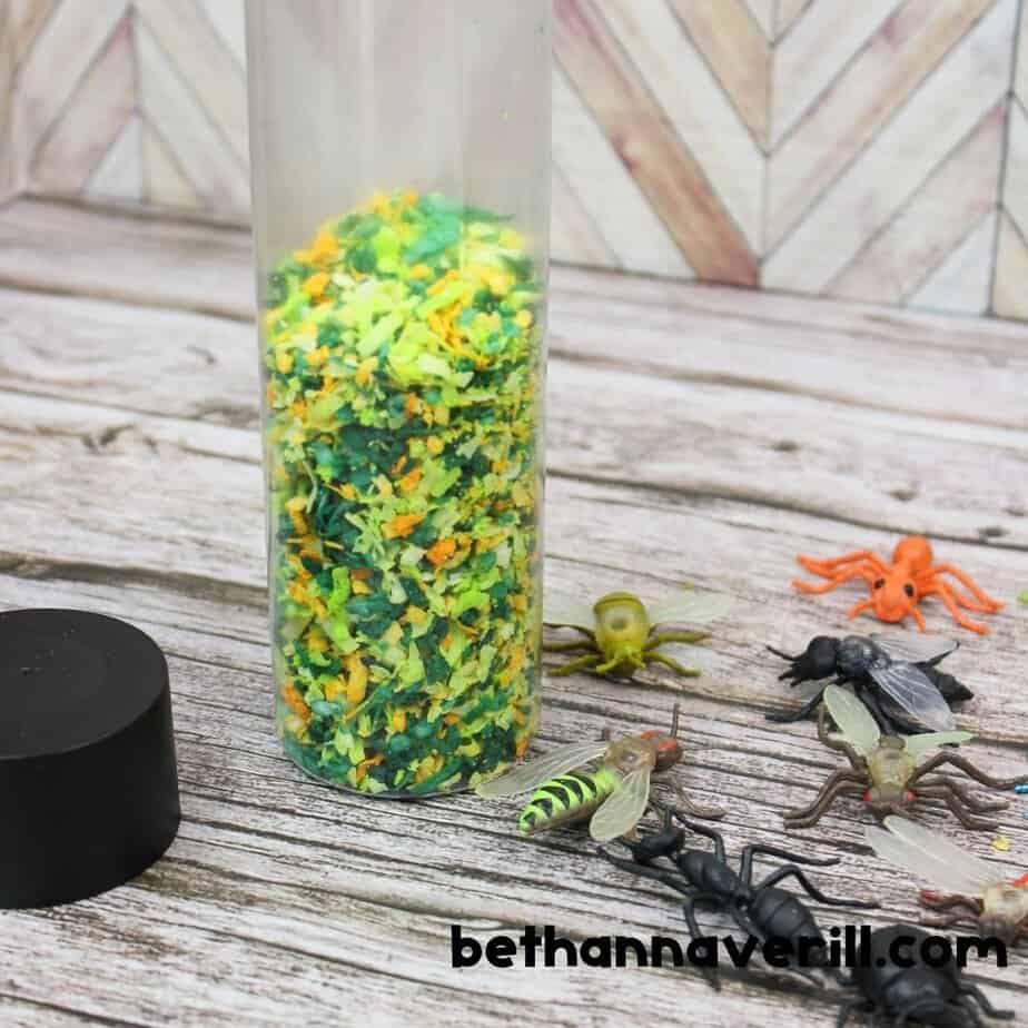 A tall bottle partially filled with dyed coconut flakes sits open, surrounded by various plastic insects ready to be added. The scene is set on a rustic wood surface.