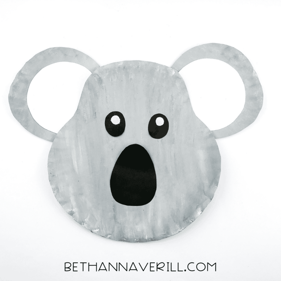 Koala face assembled with ears, eyes, and nose all glued in place.