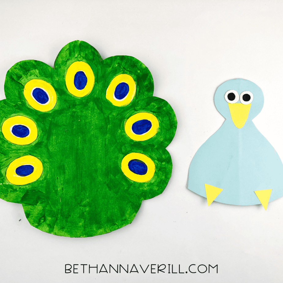A green painted paper plate fan with yellow and blue feather “eye” spots next to the finished blue peacock body.