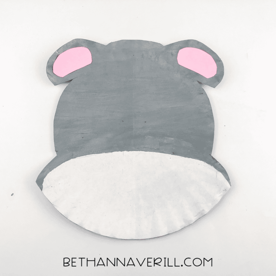 The gray rhino face with pink ear inserts now glued inside the top ear shapes.