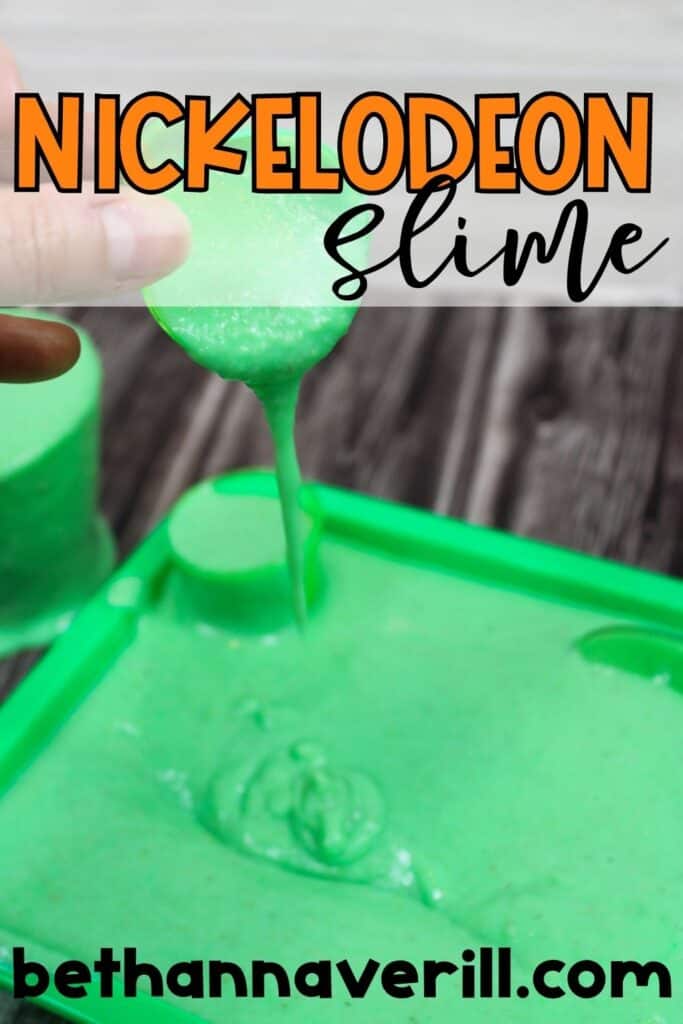 Person holding a cup of bright green Nickelodeon slime, dripping into a green tray, with 'Nickelodeon Slime' text overlay for Pinterest.