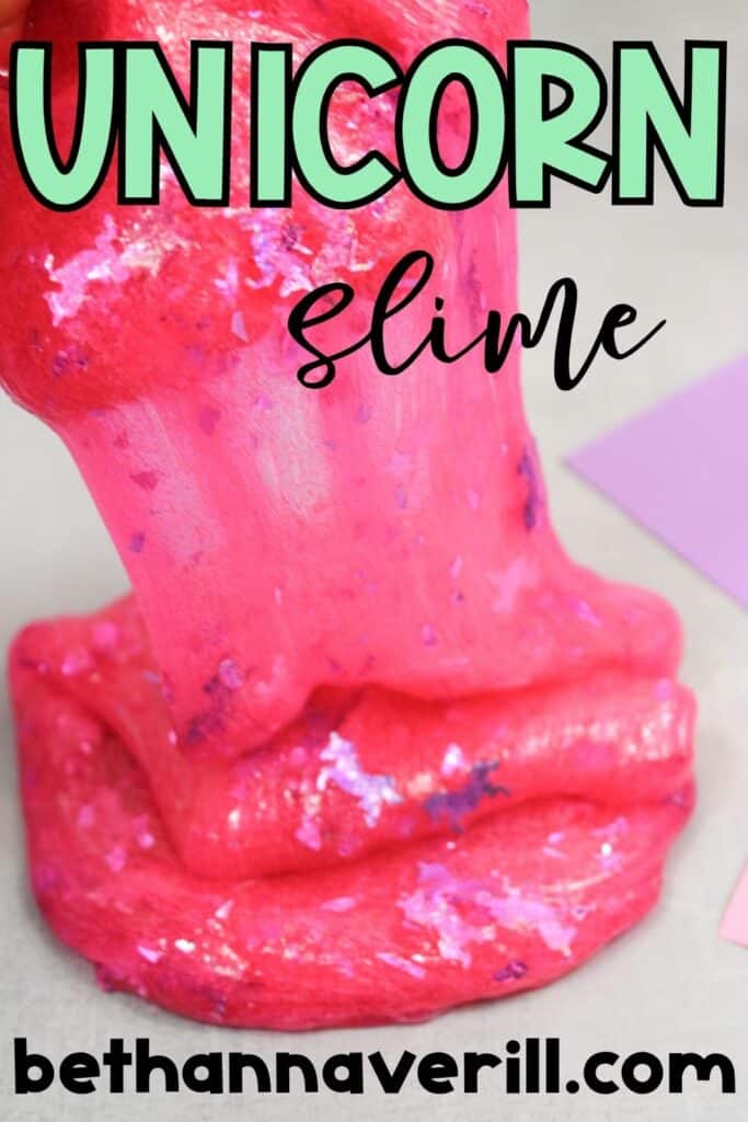 Stretchy pink unicorn slime with shimmering glitter flakes, flowing dramatically with 'Unicorn Slime' text overlay and bethannaverill.com.