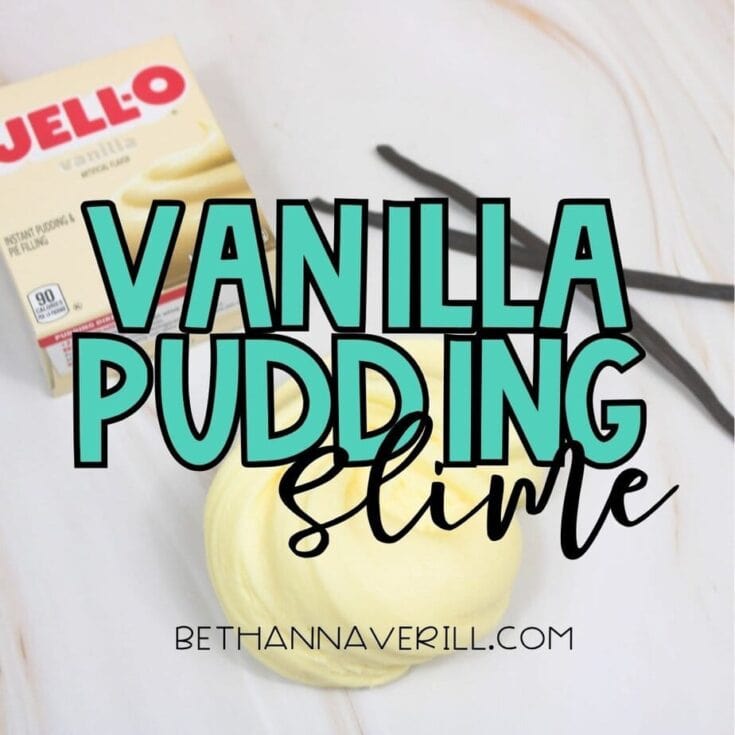 Overhead view of vanilla pudding slime swirled on a marble surface with a box of Jello vanilla pudding and vanilla beans in the background. Bold text reads "Vanilla Pudding Slime" with bethannaverill.com branding.