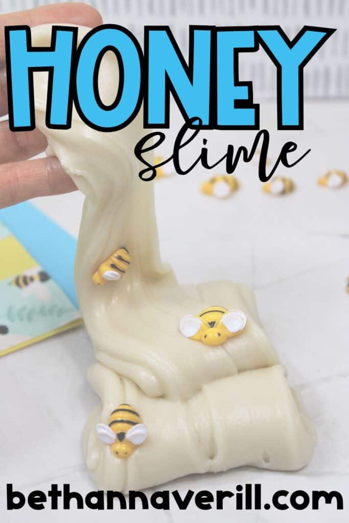 Creamy, honey-colored slime being stretched by hand, decorated with small plastic bees, with the bold text "HONEY slime" and the website bethannaverill.com overlaid.