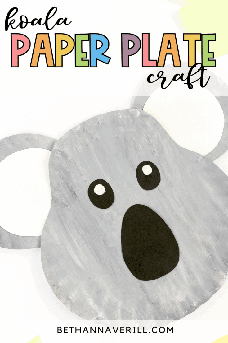 Finished koala paper plate craft with large gray ears, black eyes, and an oval black nose on a painted gray plate, shown under a colorful “Koala Paper Plate Craft” title banner.