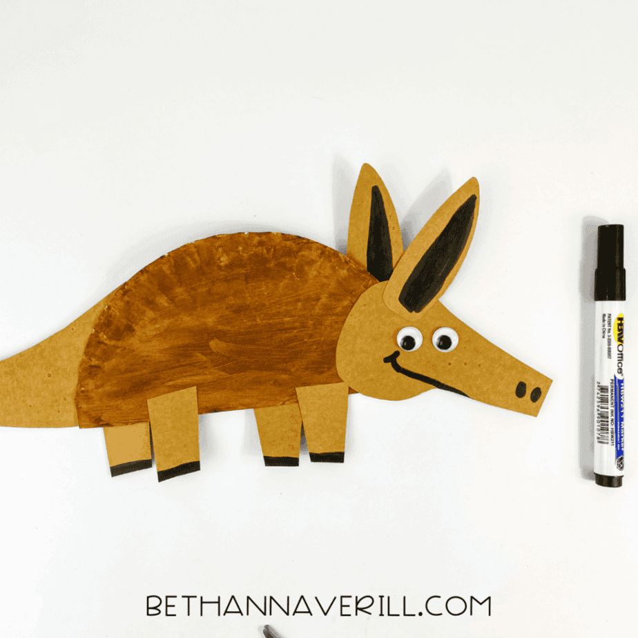 Finished aardvark with facial details and black tips added using marker.