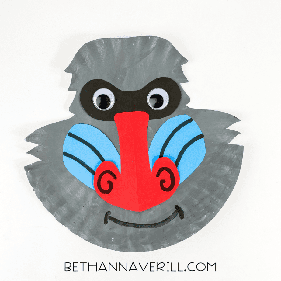 Completed baboon paper plate craft with full facial details and a smile.