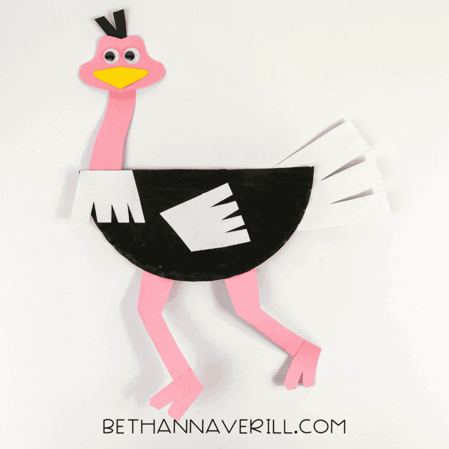 Finished ostrich paper plate craft with all pieces assembled.