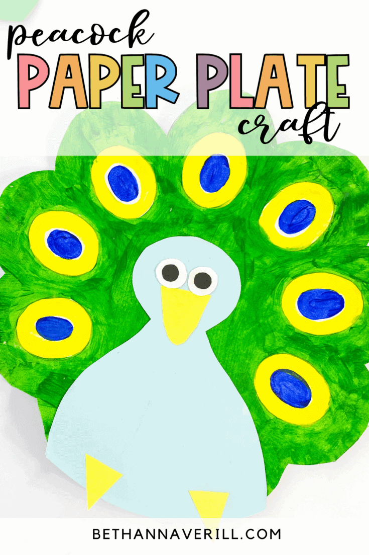 Colorful peacock paper plate craft with a green painted tail, yellow and blue feather spots, and a light blue paper body, displayed under playful text that reads “Peacock Paper Plate Craft.”