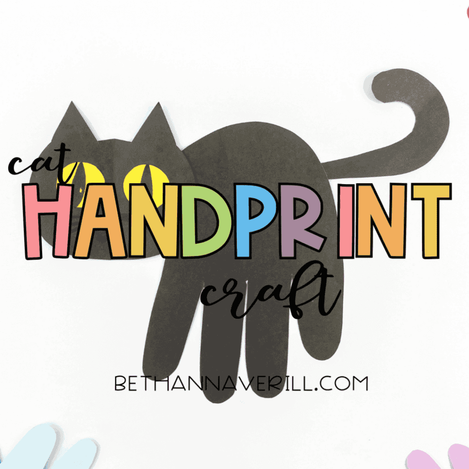 Promotional image of black cat handprint craft with colorful "handprint" text
