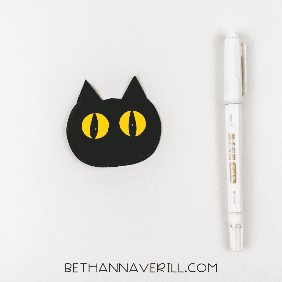 Vertical pupils, nose, and whiskers drawn on the cat face