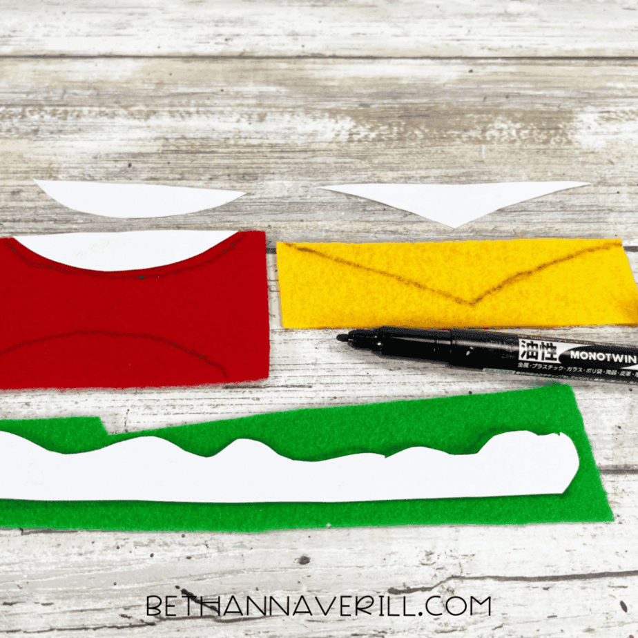 Red, yellow, and green felt traced with tomato, cheese, and lettuce patterns.